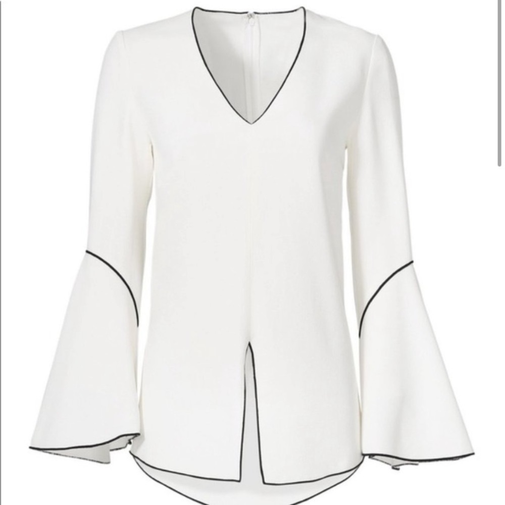 Derek Lam White V-Neck Bell Sleeve Blouse with Black Piping - Picture 2 of 11
